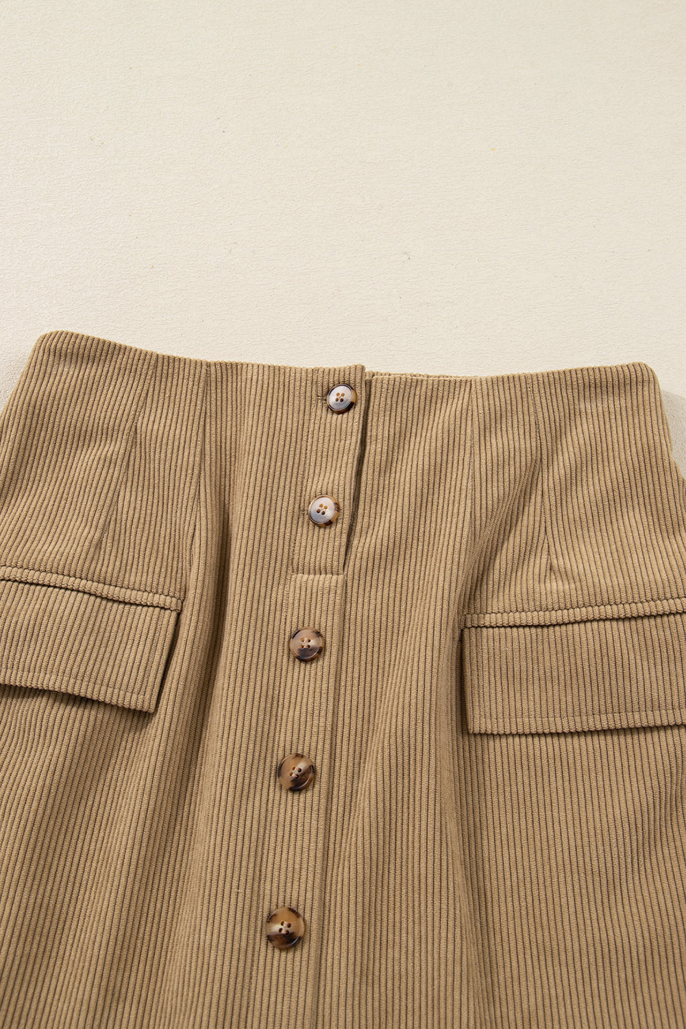 Camel Corduroy Buttoned Front Faux Pockets Mini Skirt Online Only