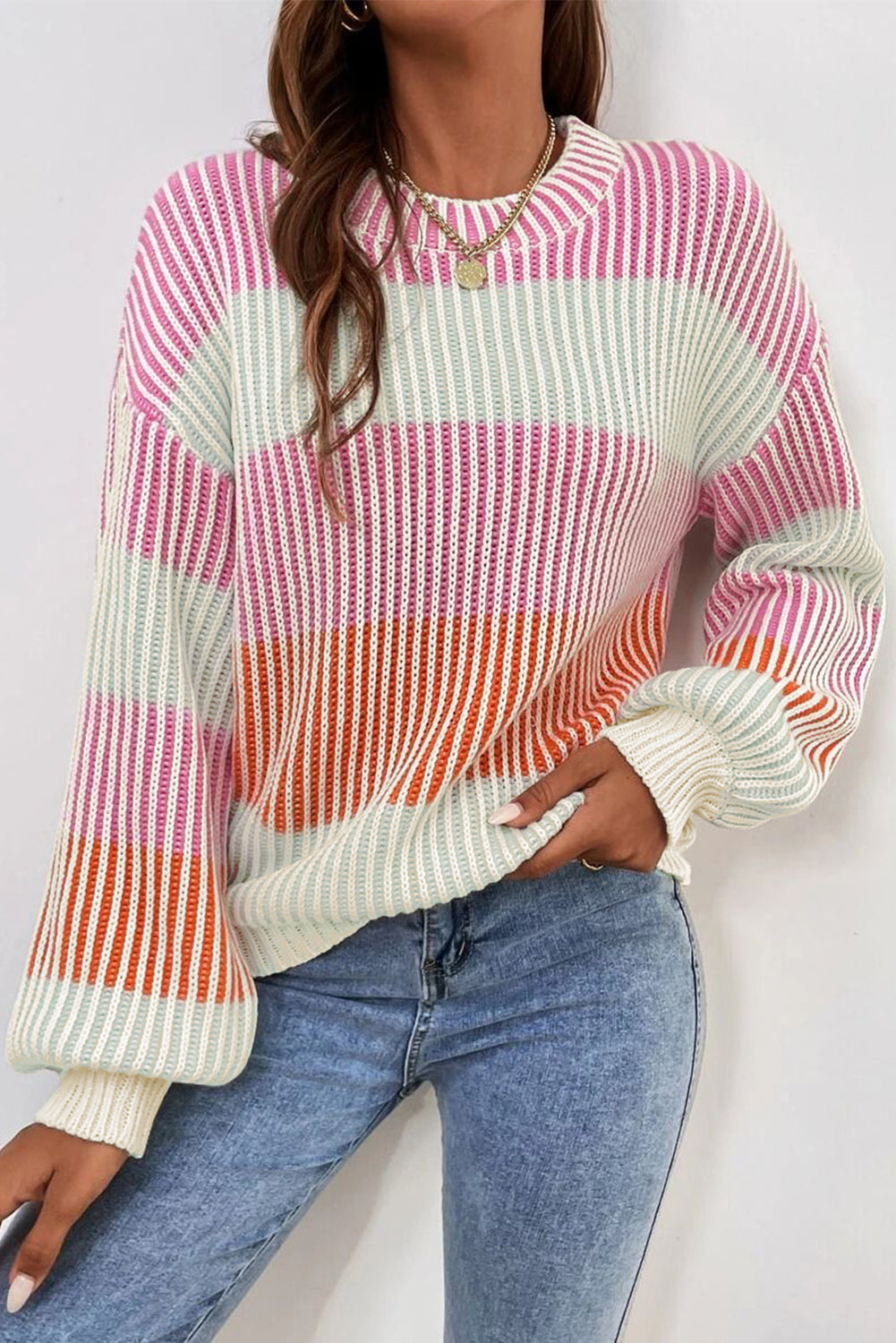 Pink Colorblock Textured Knit Bubble Sleeve Sweater Online Only