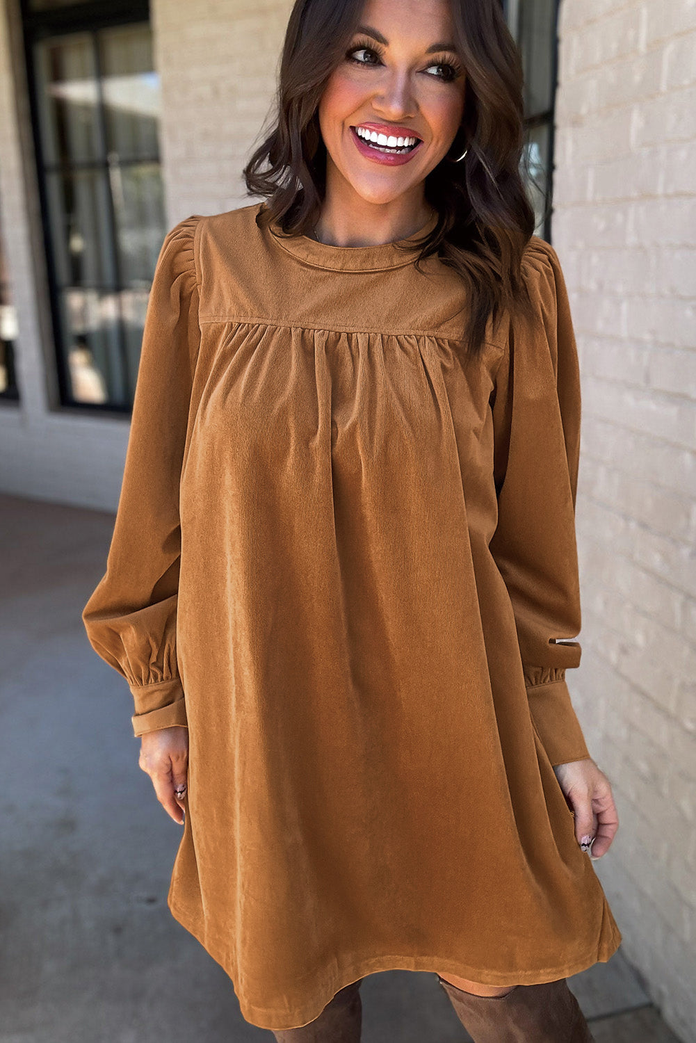 Desert Gold Corduroy Pleated Puff Sleeve Shift Short Dress Online Only