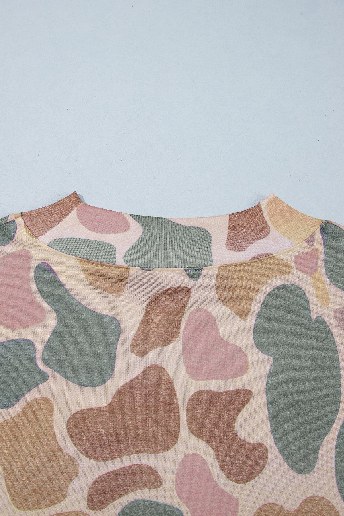 Multicolour Camo Print Ribbed Mock Neck Plus Size Sweatshirt Online Only