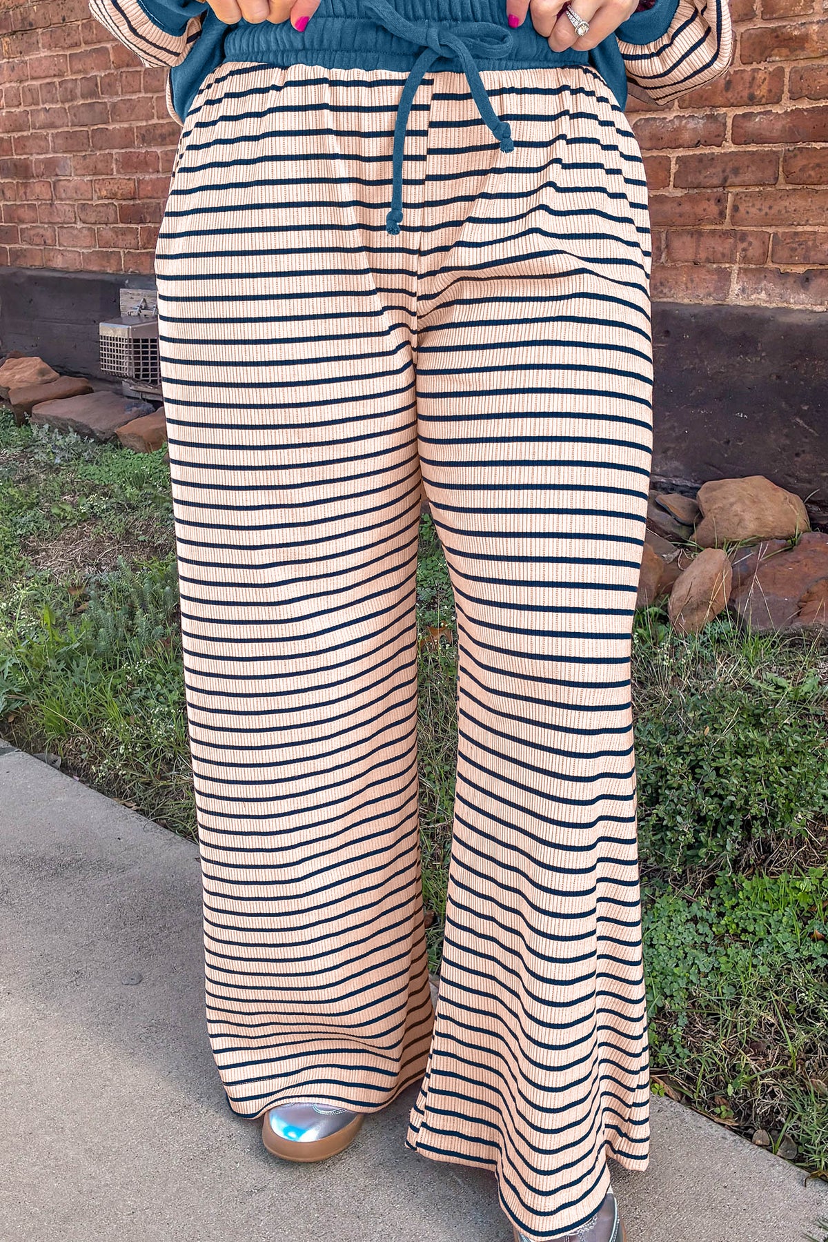 Pink Stripe Striped Colorblock V Neck Long Sleeve Plus Size Set Online Only
