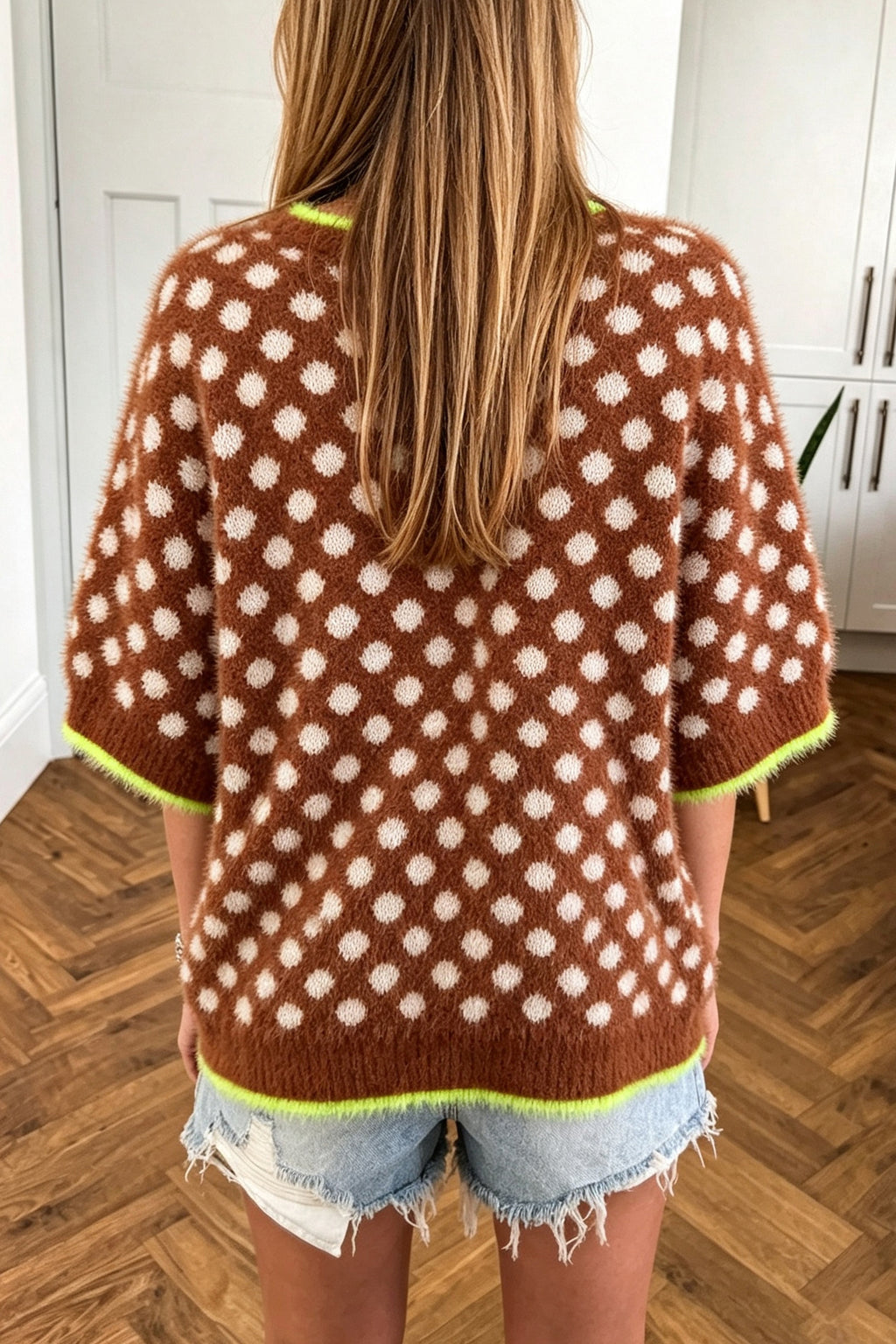 Coffee Polka Dot Contrast Trim Round Neck Half Sleeve Sweater Online Only
