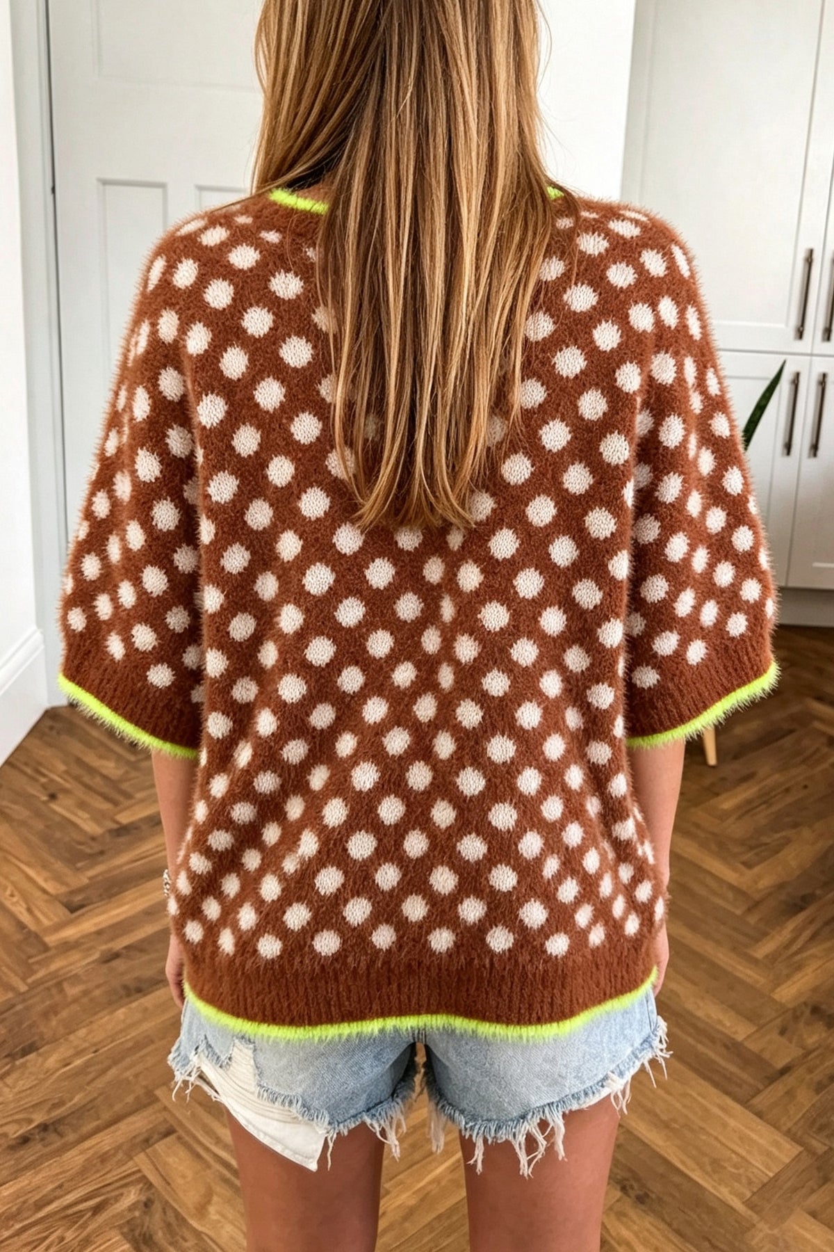 Coffee Polka Dot Contrast Trim Round Neck Half Sleeve Sweater Online Only