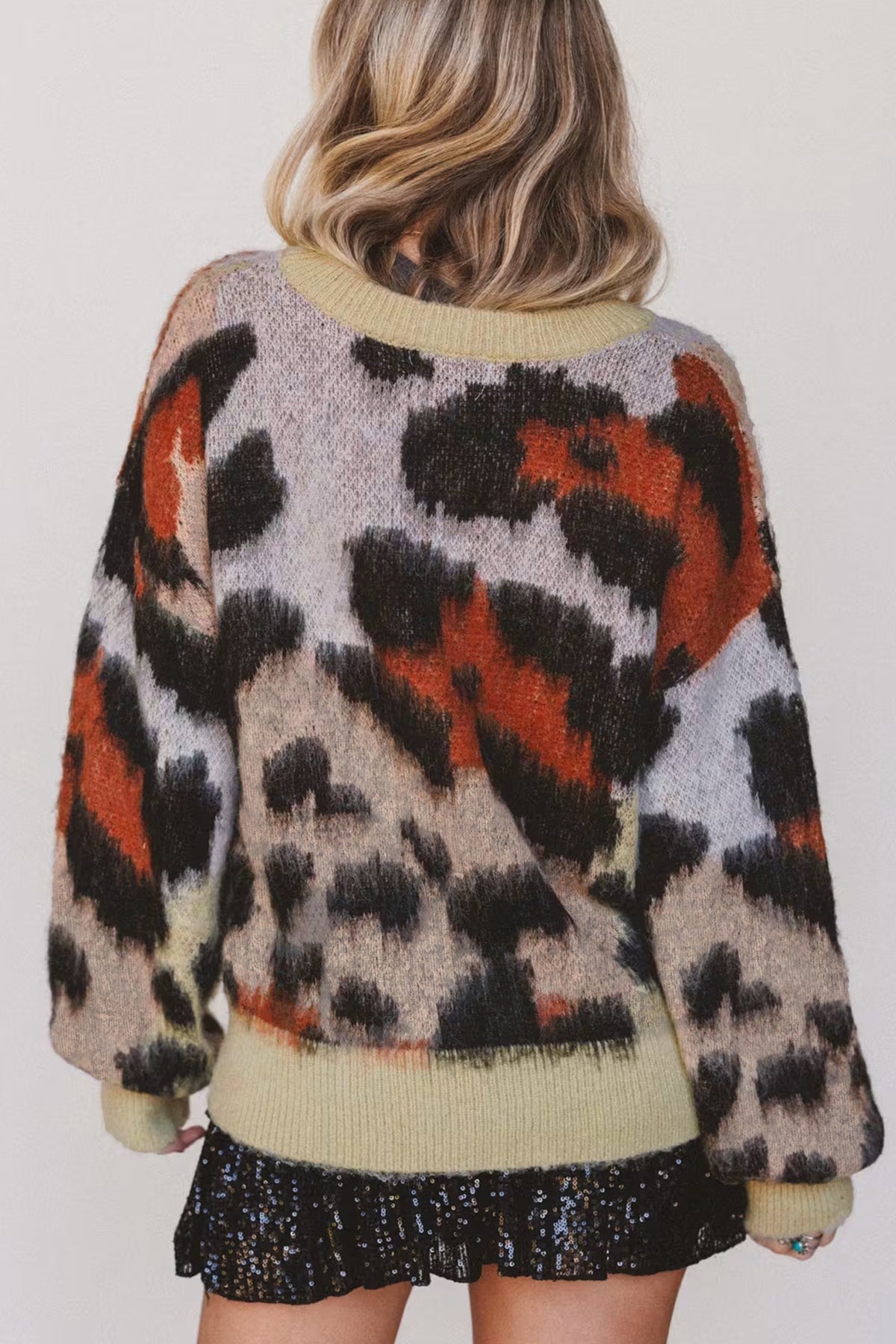 Khaki Leopard Print Drop Shoulder Long Sleeve Round Neck Sweater Online Only