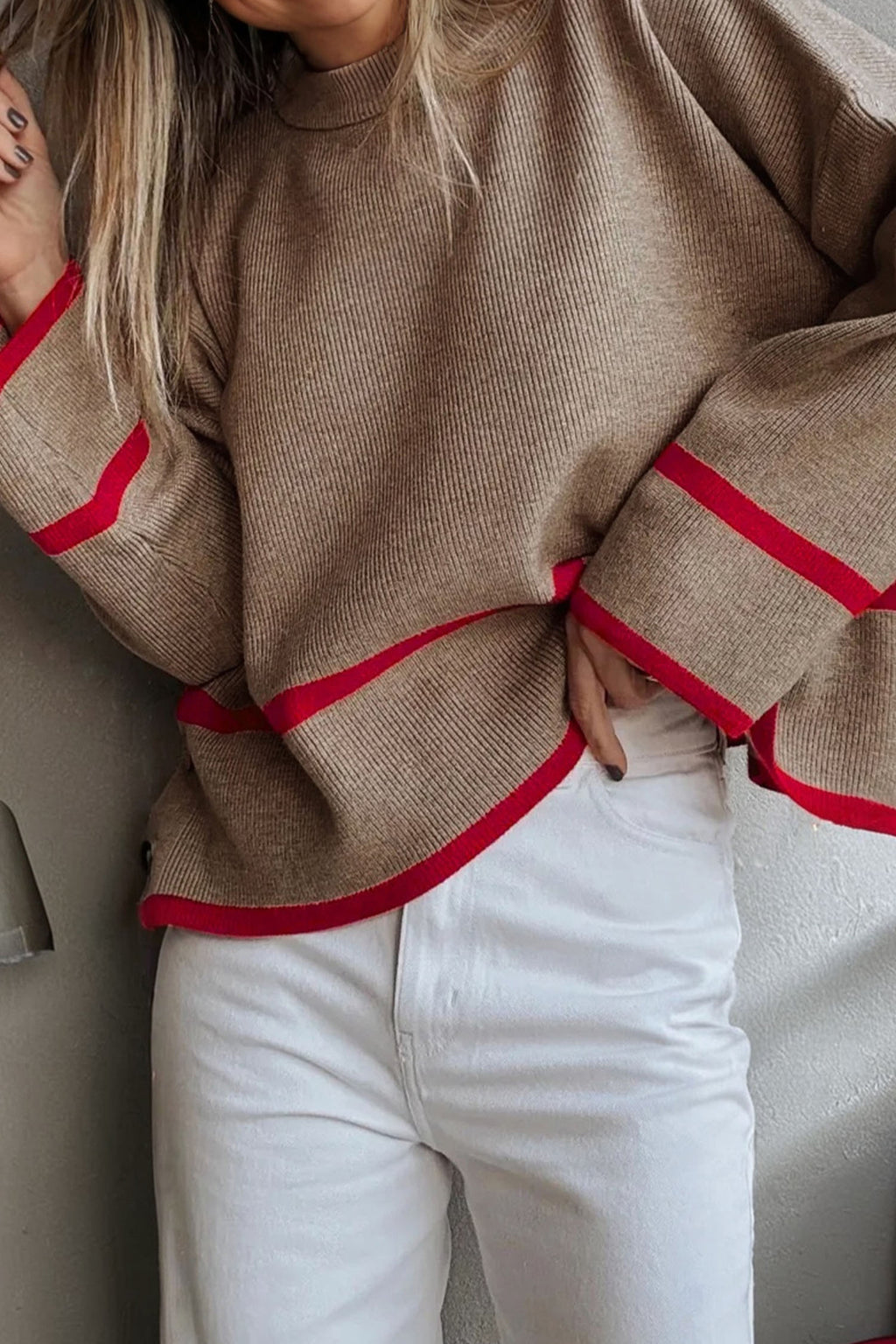 Simply Taupe Ribbed Knit Contrasted Stripe Detail Button Side Loose Sweater Online Only