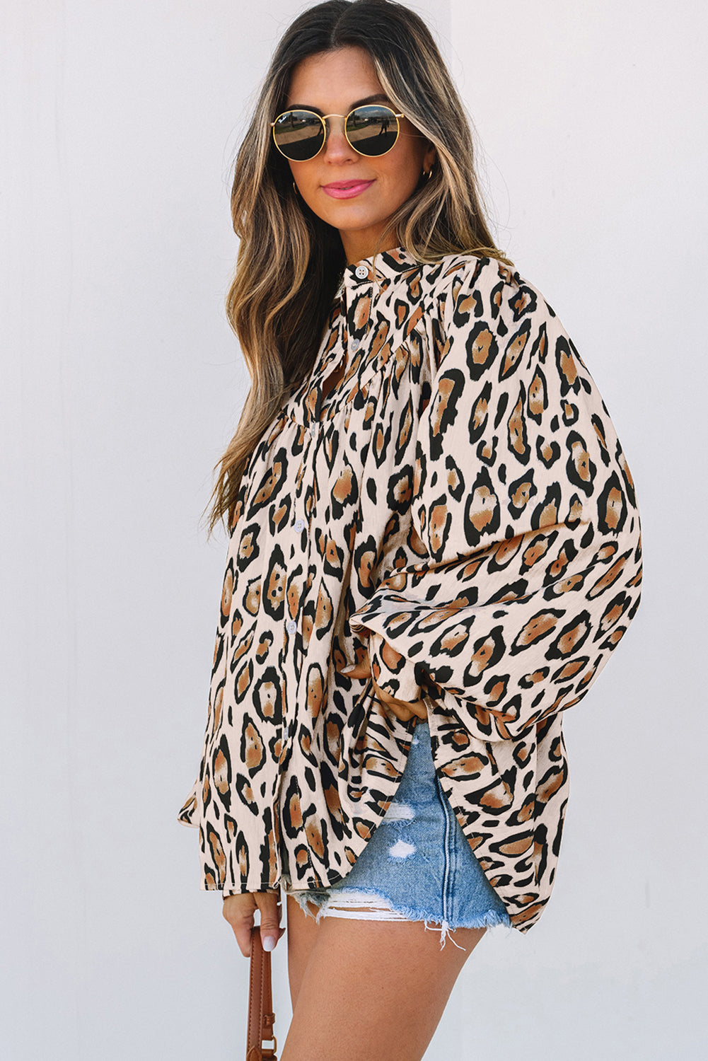Jet Stream Oversized Leopard Print Balloon Sleeve Casual Shirt Online Only