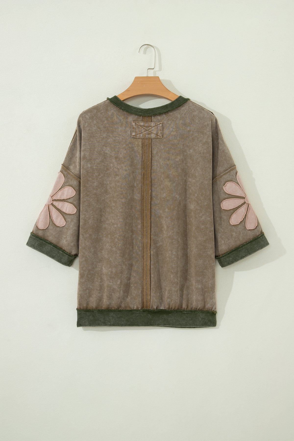 Breen Mineral Wash Raw Seam Patchwork Flower Patched 3/4 Sleeve Oversize Top Online Only
