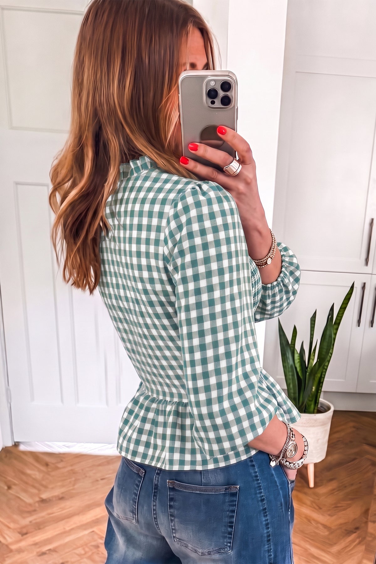Red, Brown, & Green 3/4 Sleeve Shirred Plaid Peplum Top Online Only