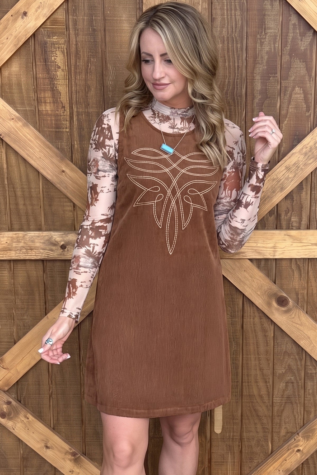 Coffee Geometric Embroidery Sleeveless Corduroy Shift Dress Online Only