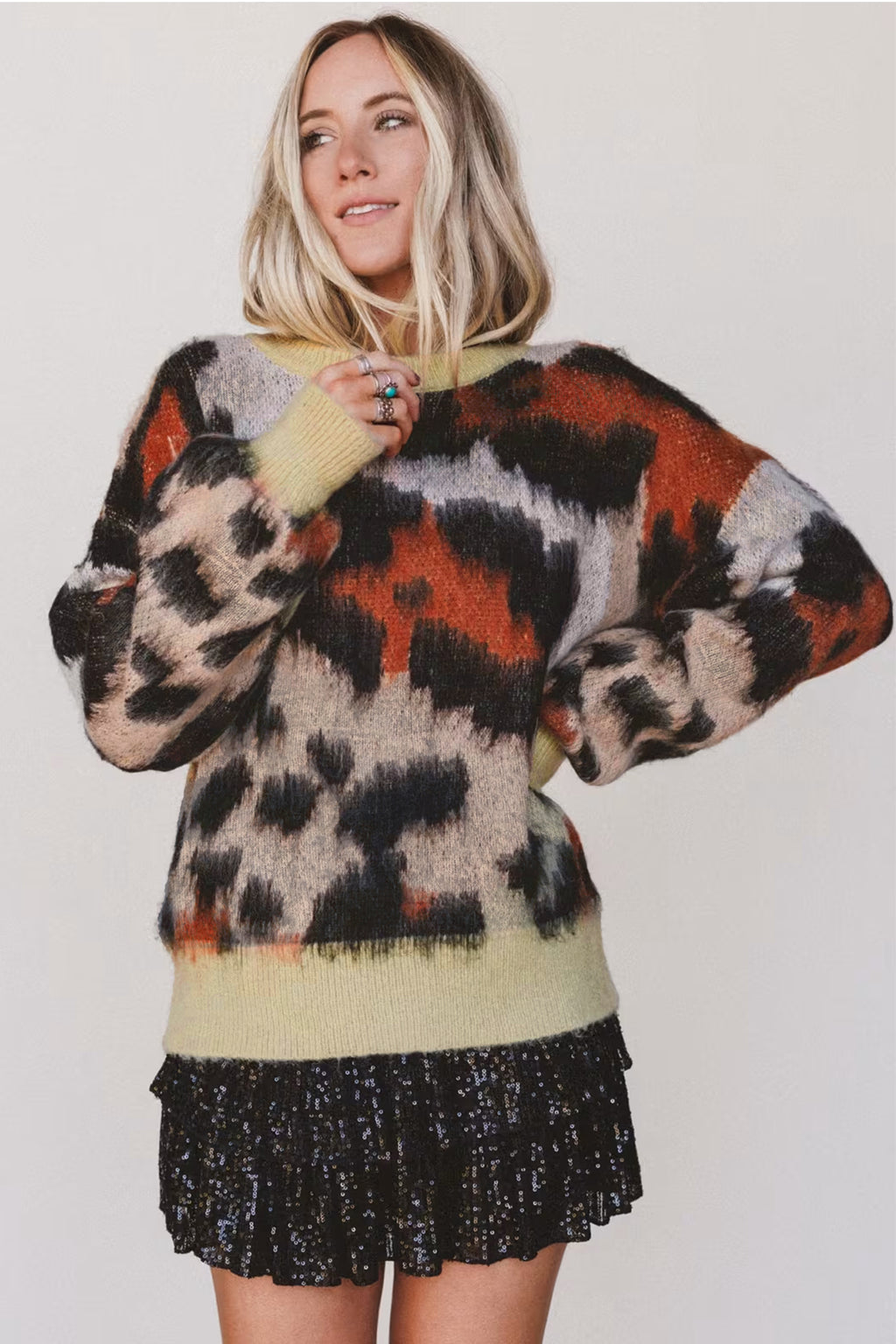 Khaki Leopard Print Drop Shoulder Long Sleeve Round Neck Sweater Online Only