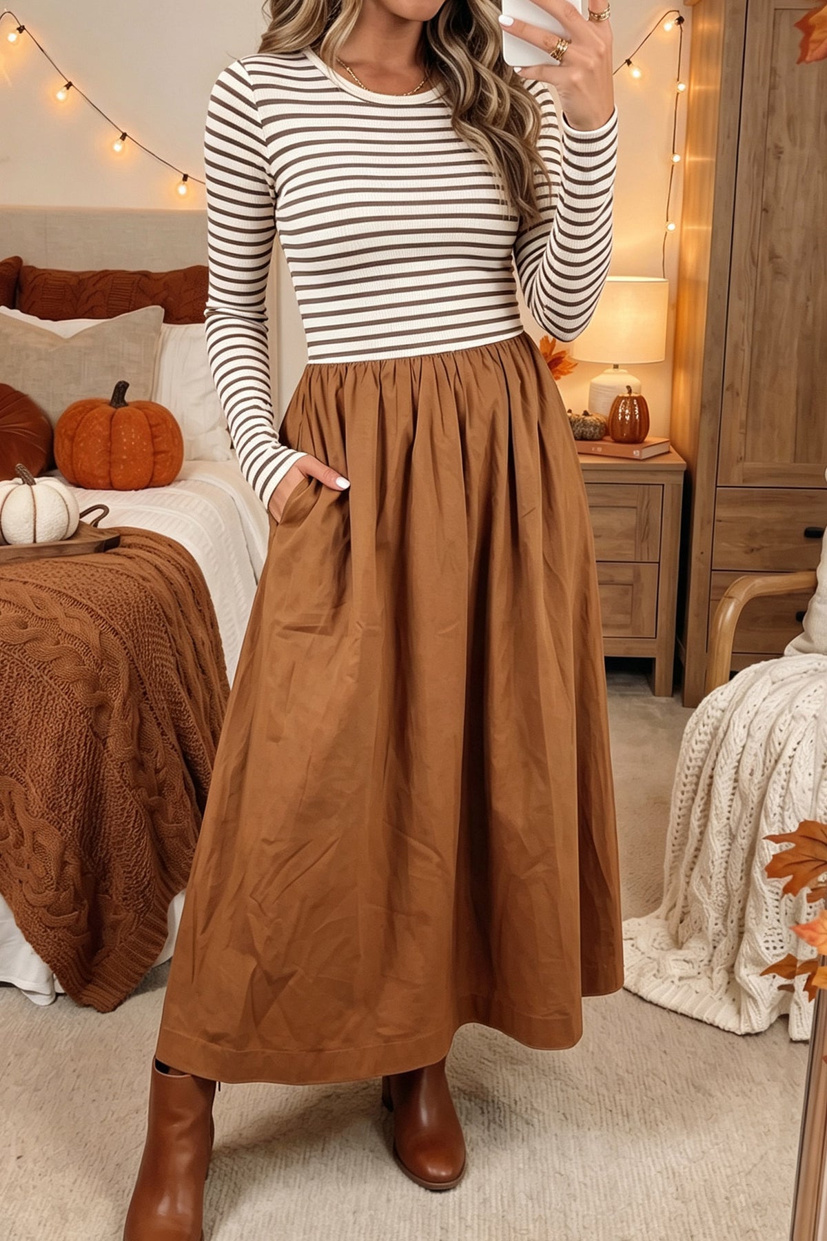 Brown Stripe Ribbed Knit Long Sleeve Bodice Contrast Patchwork Flared Dress Online Only & In Stock (listed separately)