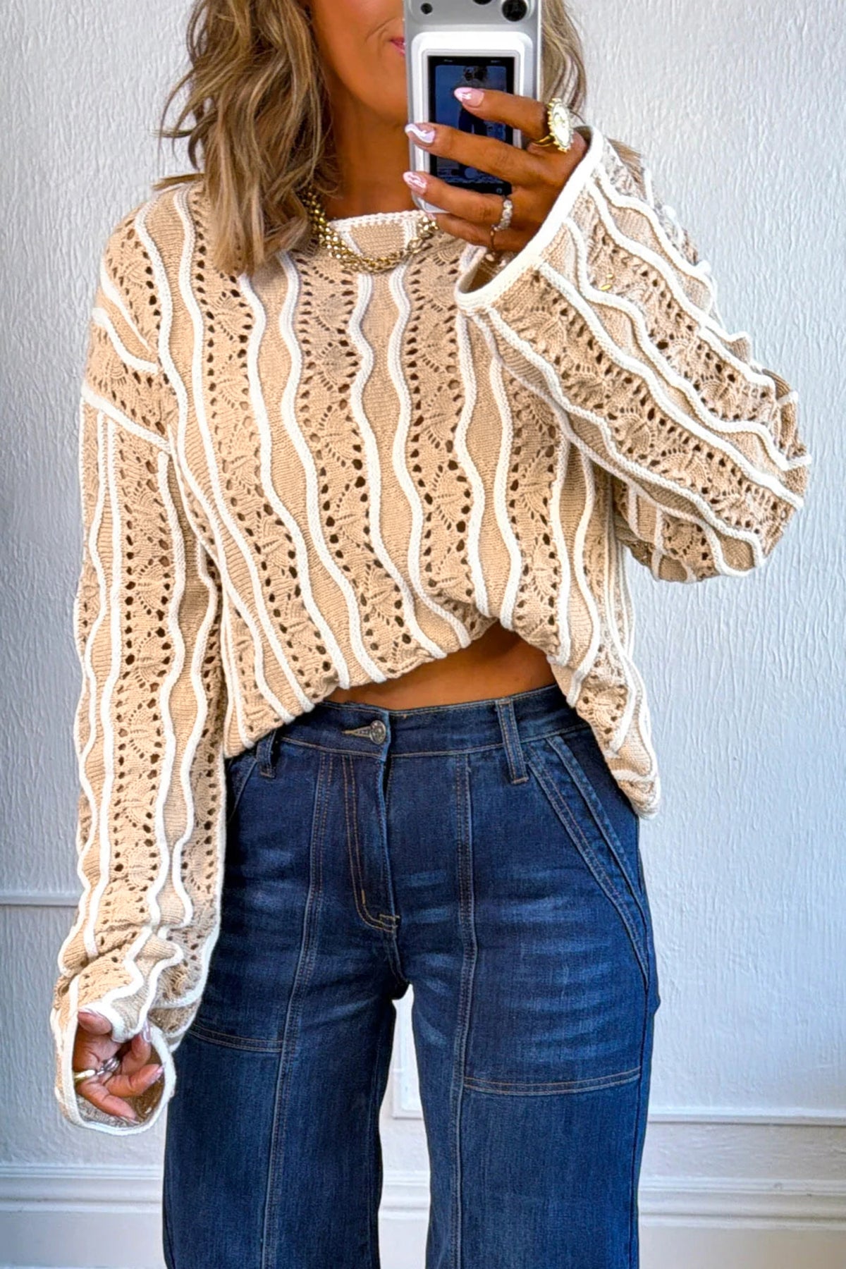 Khaki Wavy Detail Hollow Out Knit Long Sleeve Cotton Pullover Sweater Online Only
