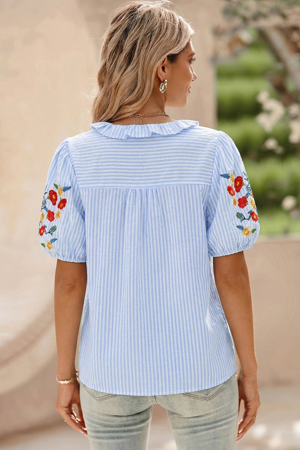 Sky Blue Stripe Floral Embroidered Puff Sleeve Ruffle Trim Shirt Online Only