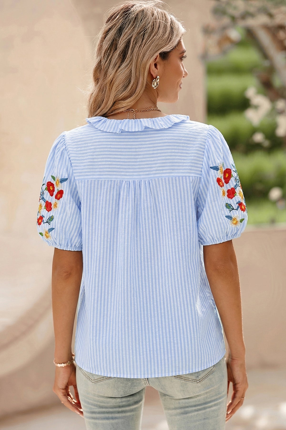 Sky Blue Stripe Floral Embroidered Puff Sleeve Ruffle Trim Shirt Online Only