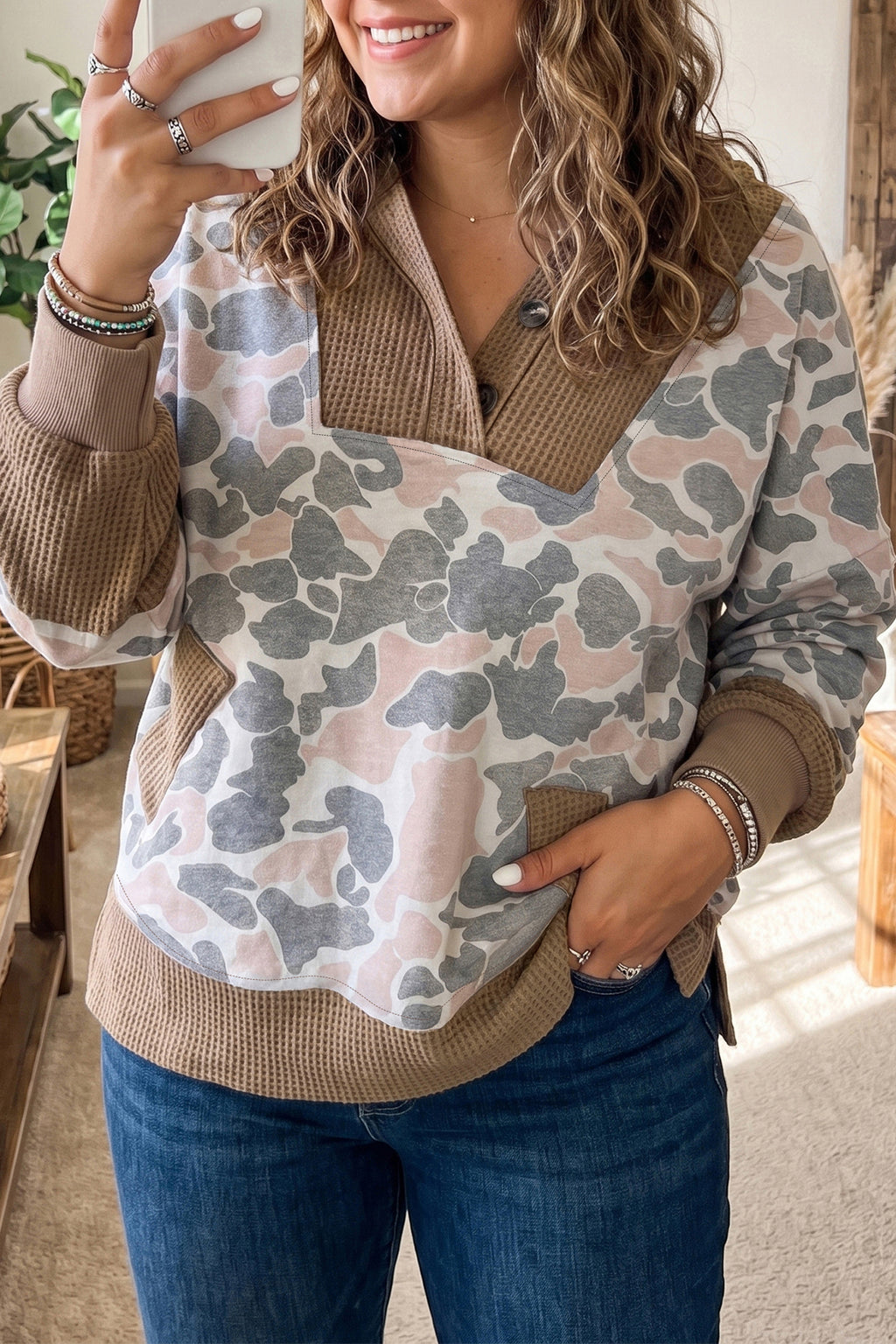 Khaki Camouflage Print Waffle Knit Patchwork Half Zip Plus Size Hoodie Online Only