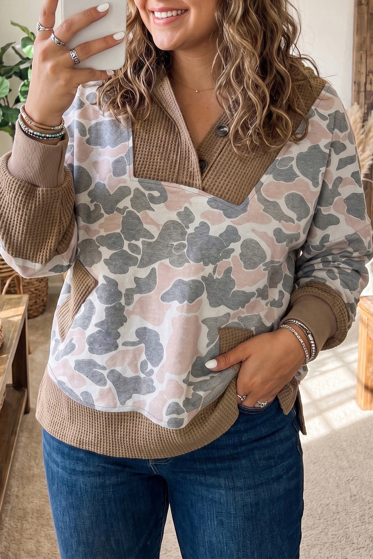 Khaki Camouflage Print Waffle Knit Patchwork Half Zip Plus Size Hoodie Online Only