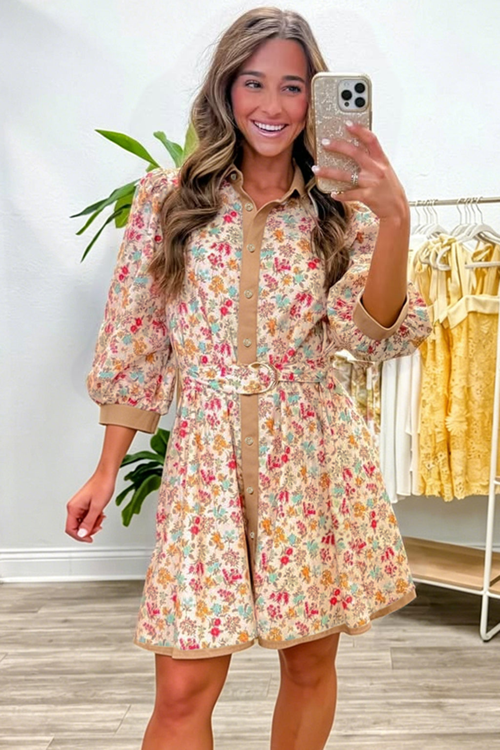 Orange Floral Print Color Block Trim Button Down 3/4 Sleeve Belted Mini Dress- Online Only