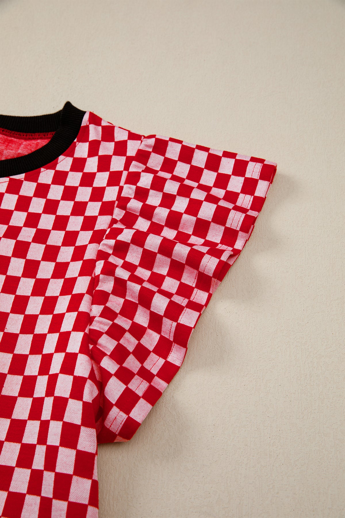 Red Checkered Print Ruffle Short Sleeve Contrast Trim Round Neck Top Online Only