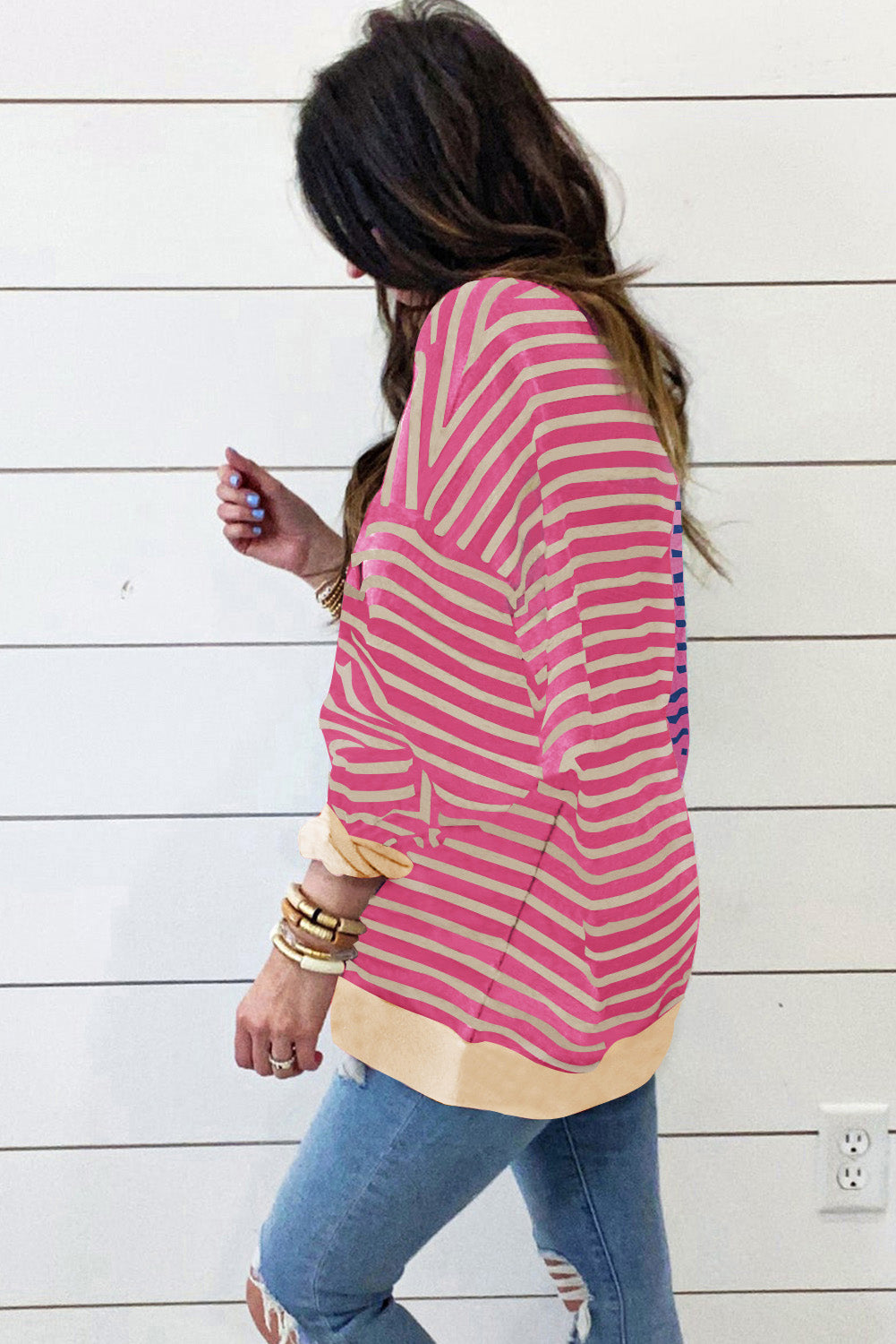 Brown Stripe Casual Stripe Colorblock Drop Shoulder Oversize Sweatshirt Online Only