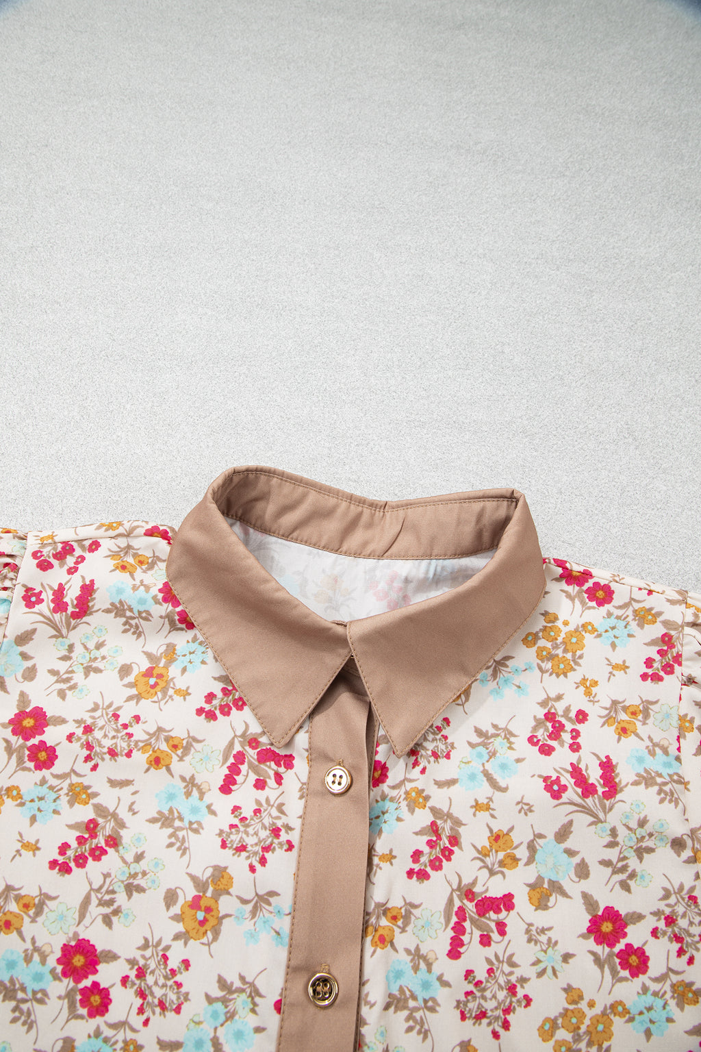 Orange Floral Print Color Block Trim Button Down 3/4 Sleeve Belted Mini Dress- Online Only