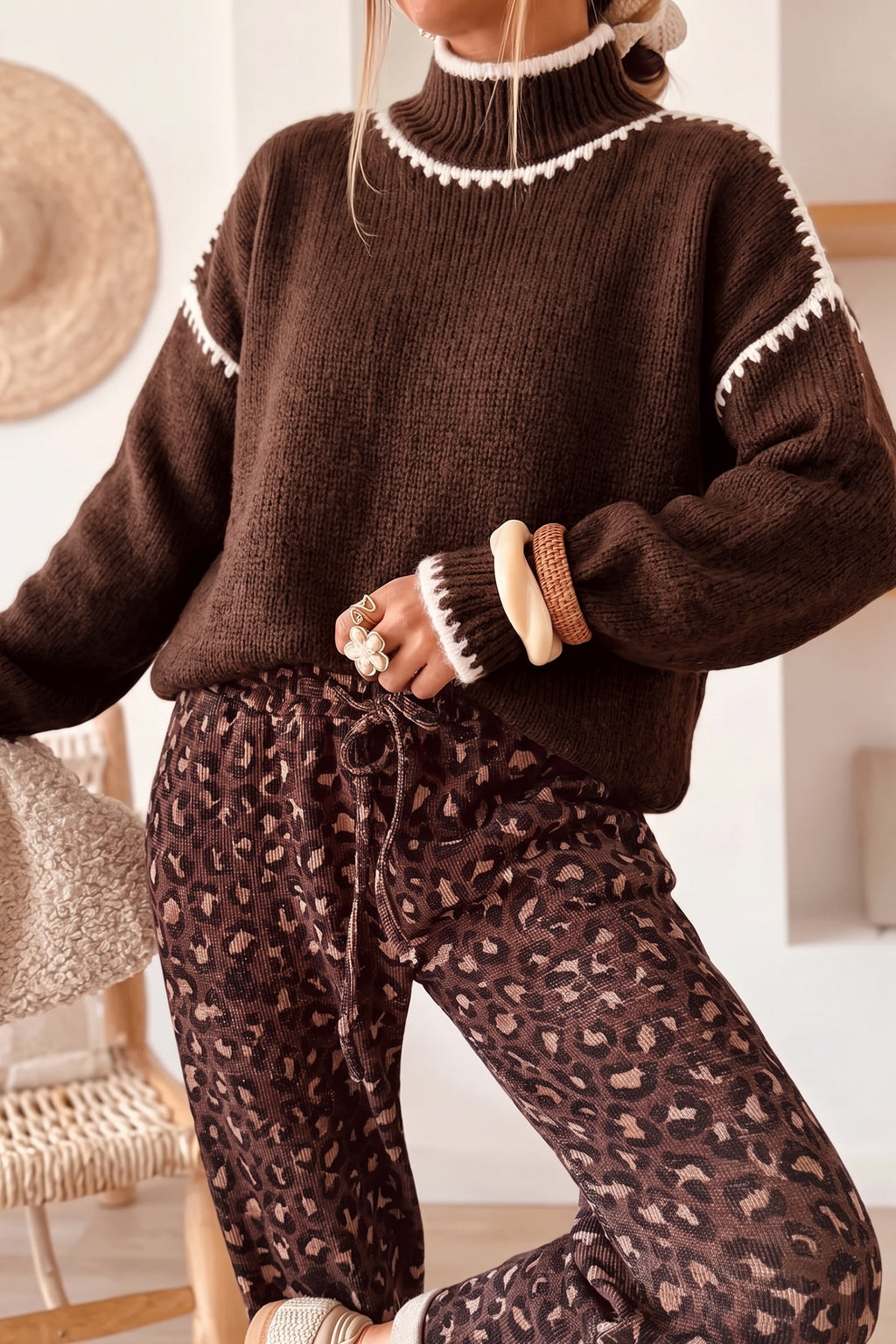 Coffee Contrast Trim Mock Neck Drop Shoulder Relaxed Sweater Online Only
