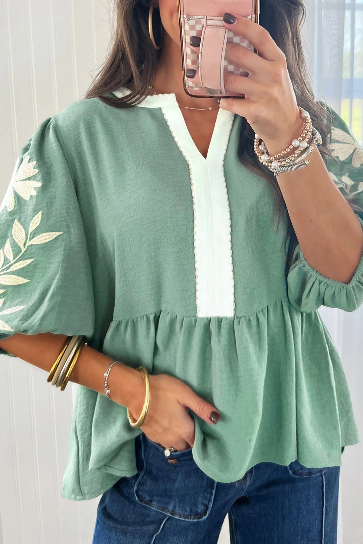 Myosotis Color Block Patchwork V Neck Embroidered Puff Sleeve Babydoll Blouse Online Only
