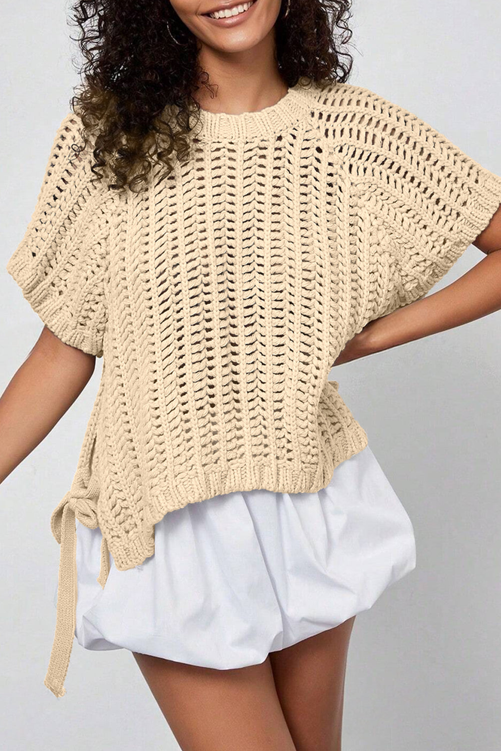 Apricot Plus Size Open Knit Bow Tie Short Sleeve Sweater Online Only