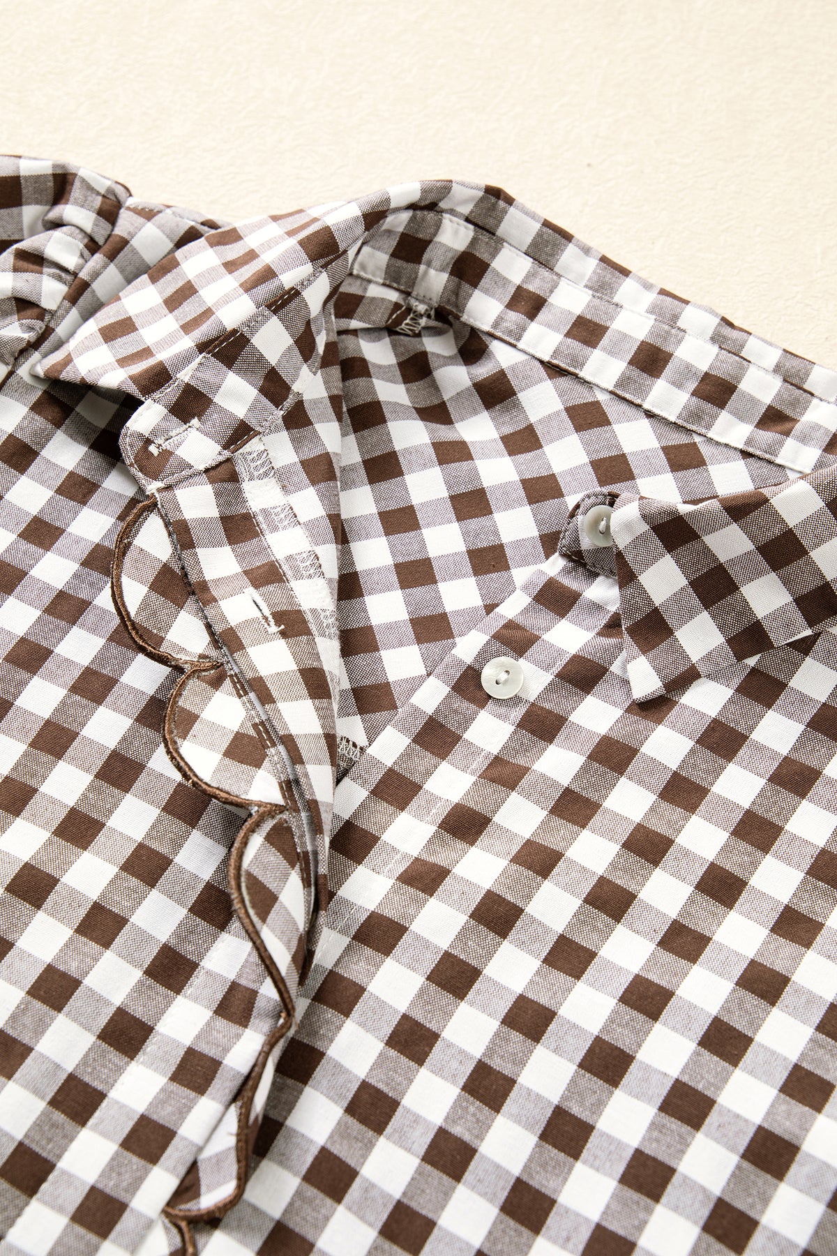 Brown Plaid Knot Half Sleeve Button Down Shirt Online Only