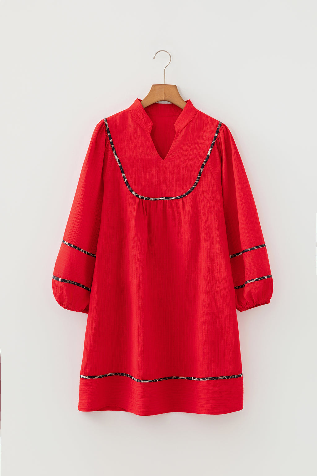 Fiery Red Textured V Neck Leopard Contrasted Trim Long Sleeve Shift Mini Dress Online Only