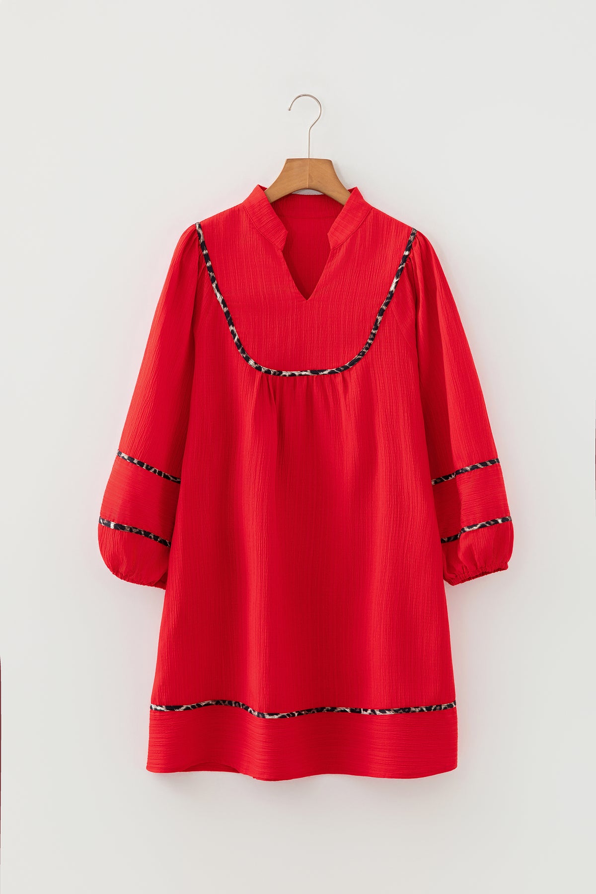 Fiery Red Textured V Neck Leopard Contrasted Trim Long Sleeve Shift Mini Dress Online Only