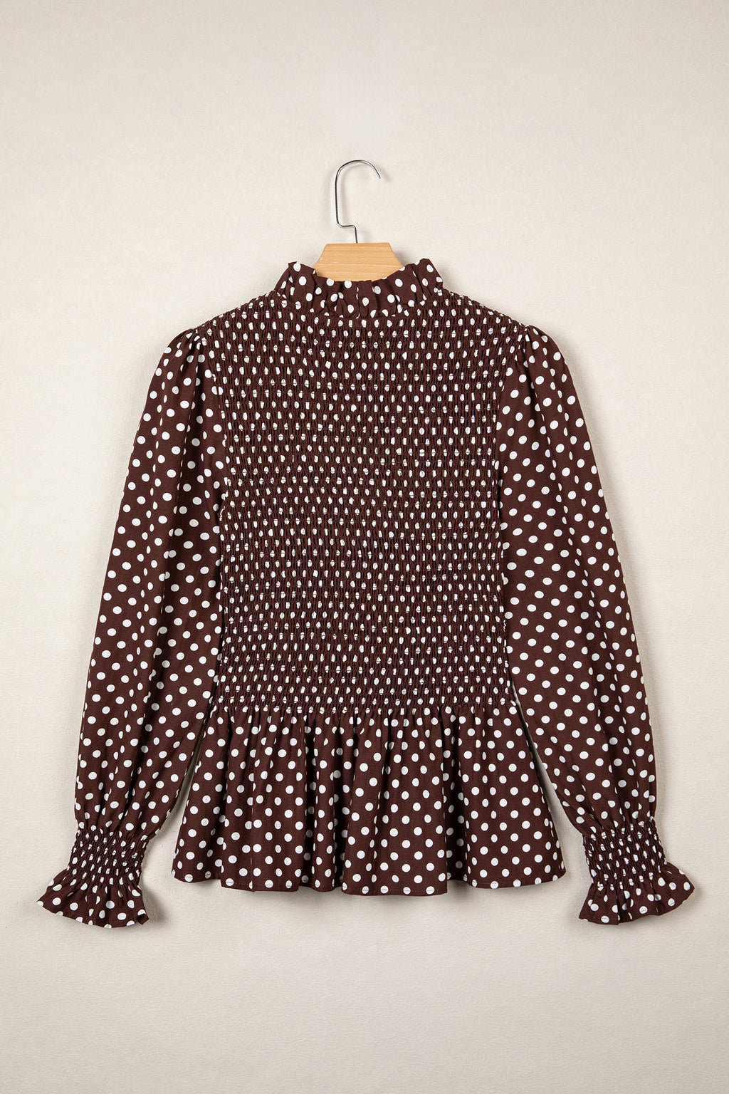 Brown Polka Dot Ruffled High Neck Shirred Ruffle Hem Blouse Online Only