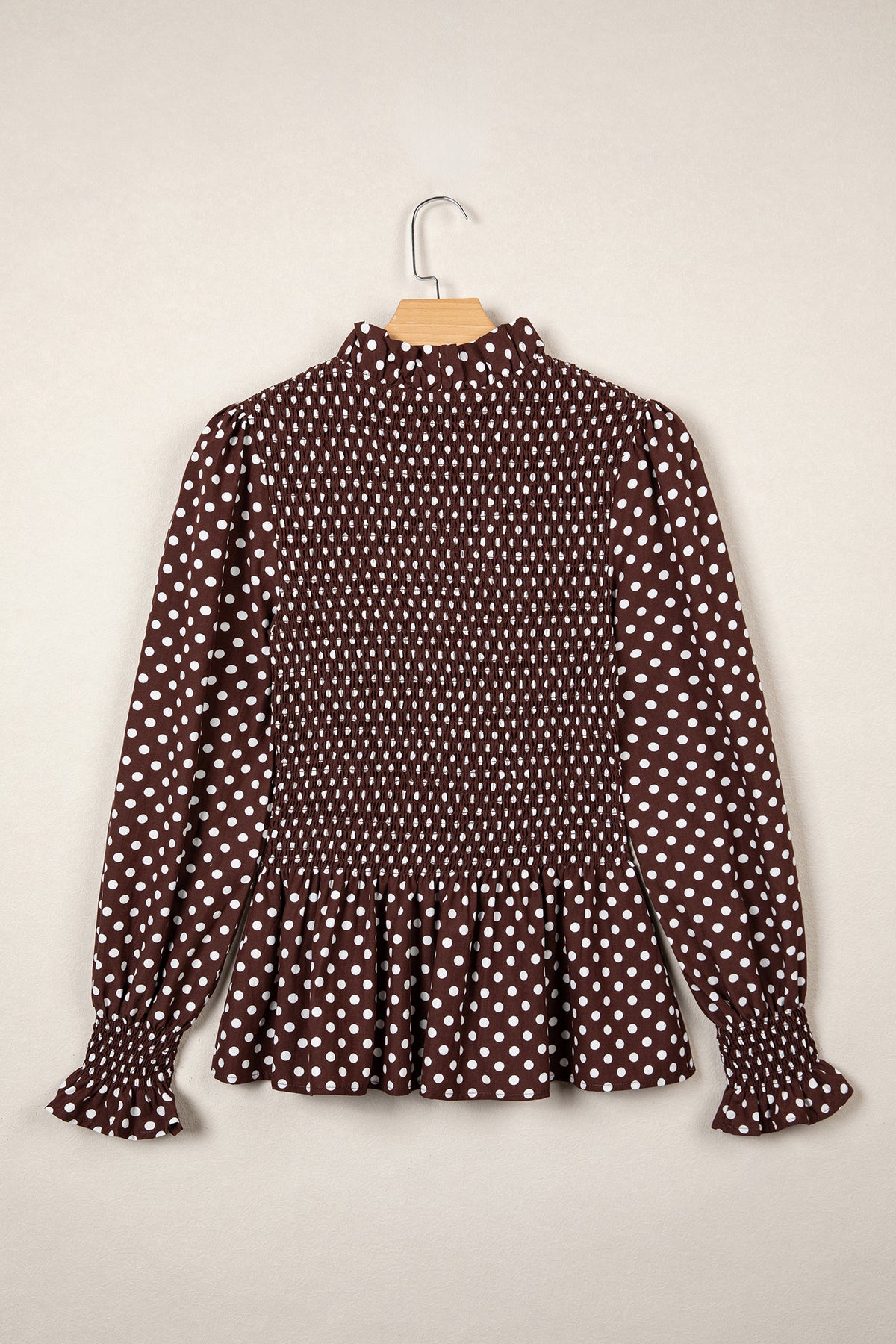 Brown Polka Dot Ruffled High Neck Shirred Ruffle Hem Blouse Online Only