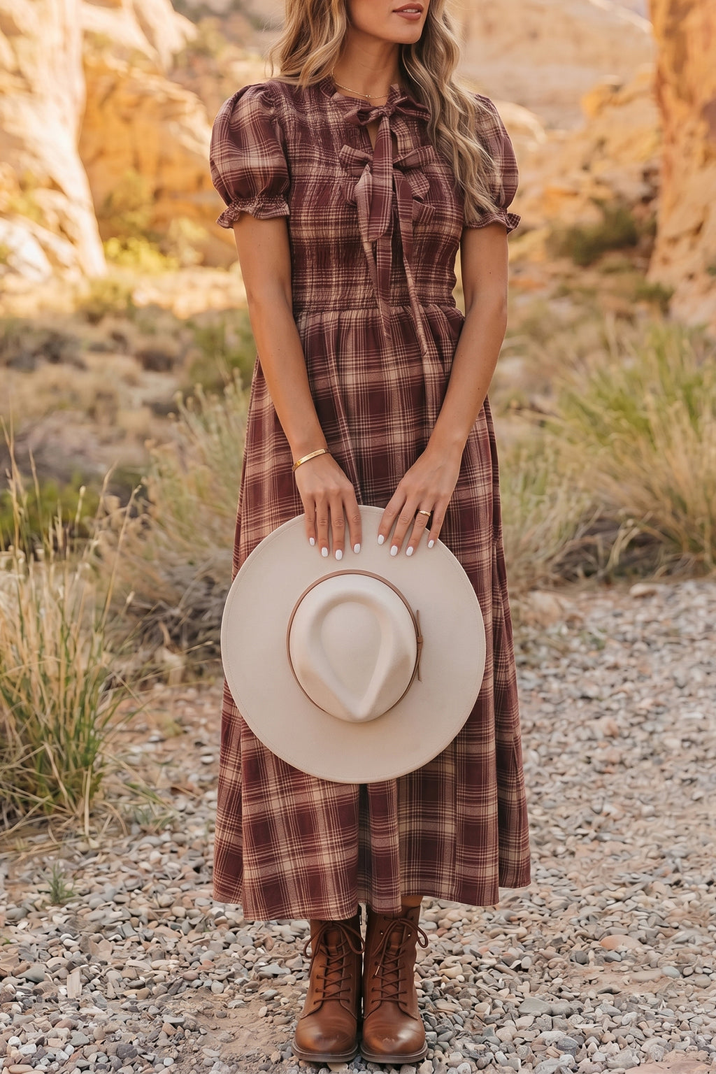 Red Vintage Plaid Knot Front Smocked High Waist Midi Dress- Online Only