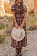 Red Vintage Plaid Knot Front Smocked High Waist Midi Dress- Online Only