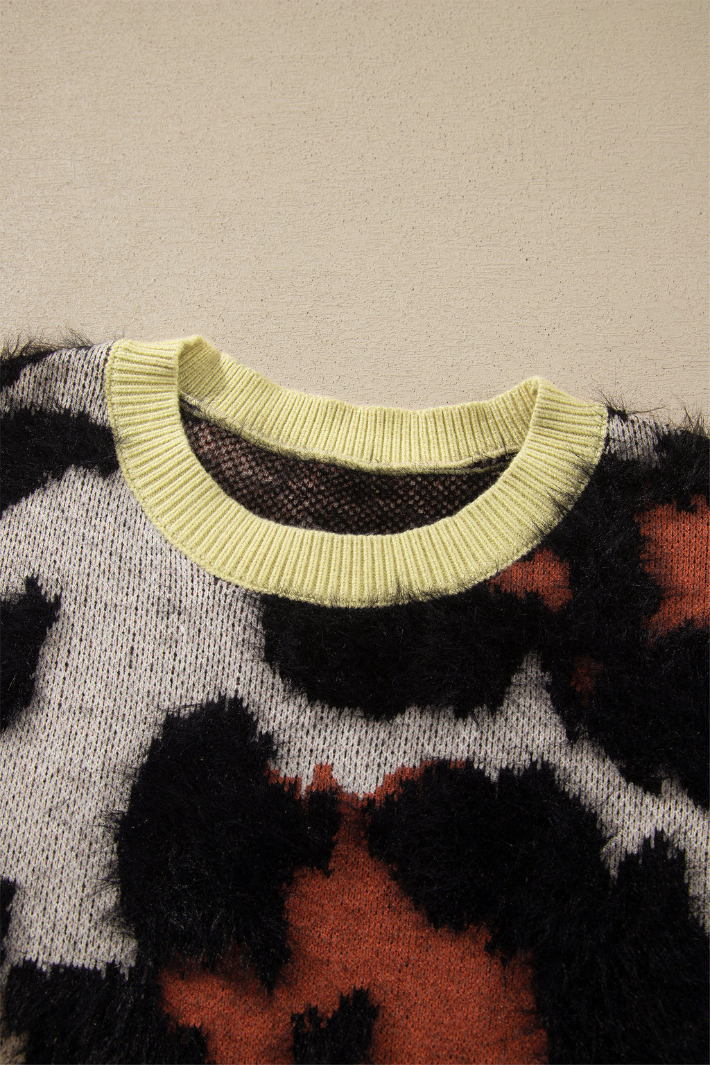 Khaki Leopard Print Drop Shoulder Long Sleeve Round Neck Sweater Online Only