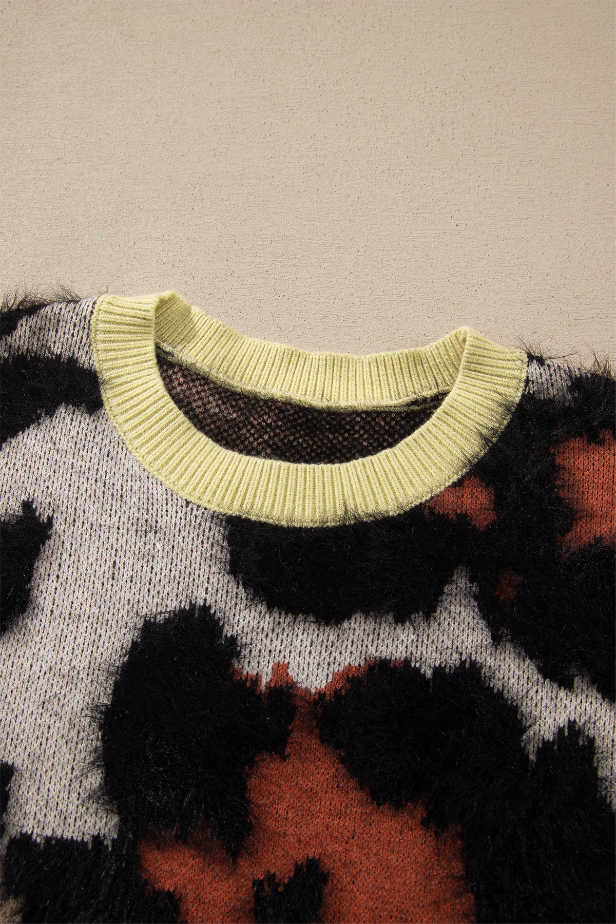 Khaki Leopard Print Drop Shoulder Long Sleeve Round Neck Sweater Online Only