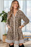 Brown Leopard Print Striped Patchwork 3/4 Sleeve Loose Mini Dress- Online Only