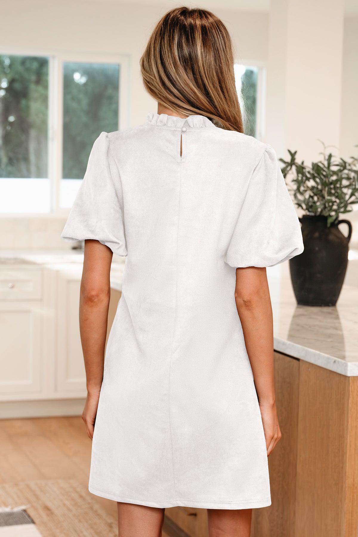 Moss Green Frilled Round Neck Short Puff Sleeve Shift Mini Dress Online Only
