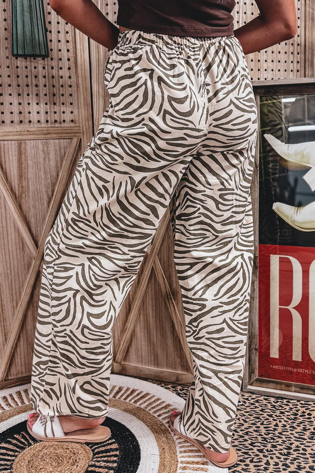 Multicolour Western Print Zebra Pattern Elastic Waist Pocket Full-Length Pants Online Only