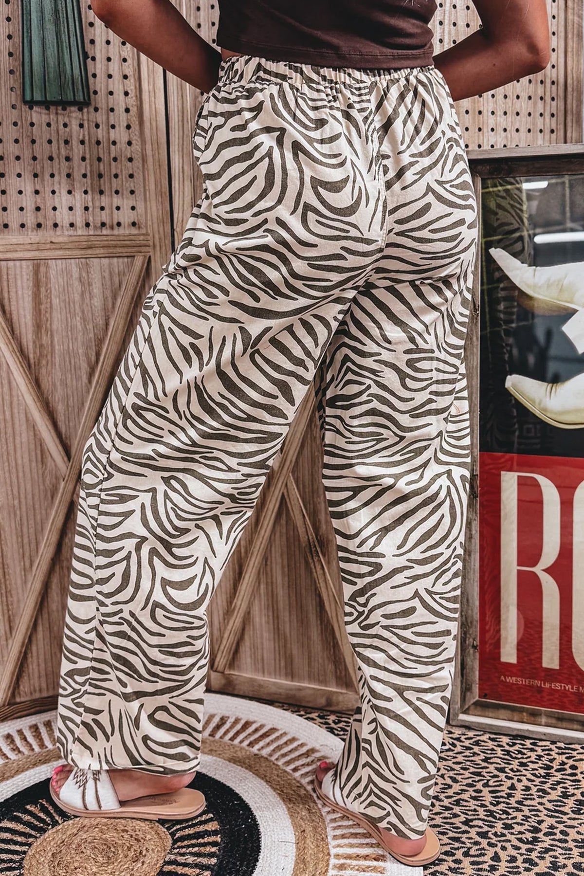 Multicolour Western Print Zebra Pattern Elastic Waist Pocket Full-Length Pants Online Only