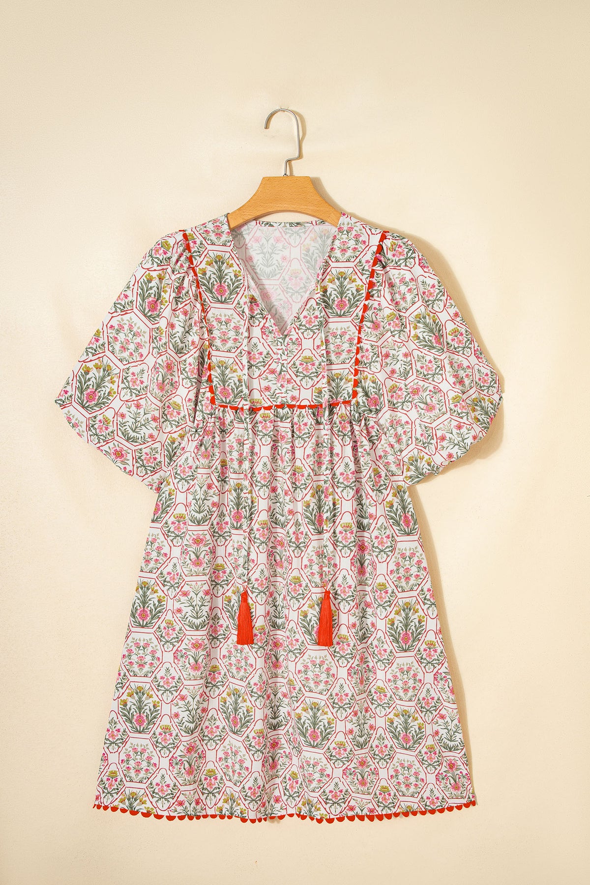 Pink Floral Print Tassel Tie V Neck Scalloped Detail Loose Mini Dress Online Only