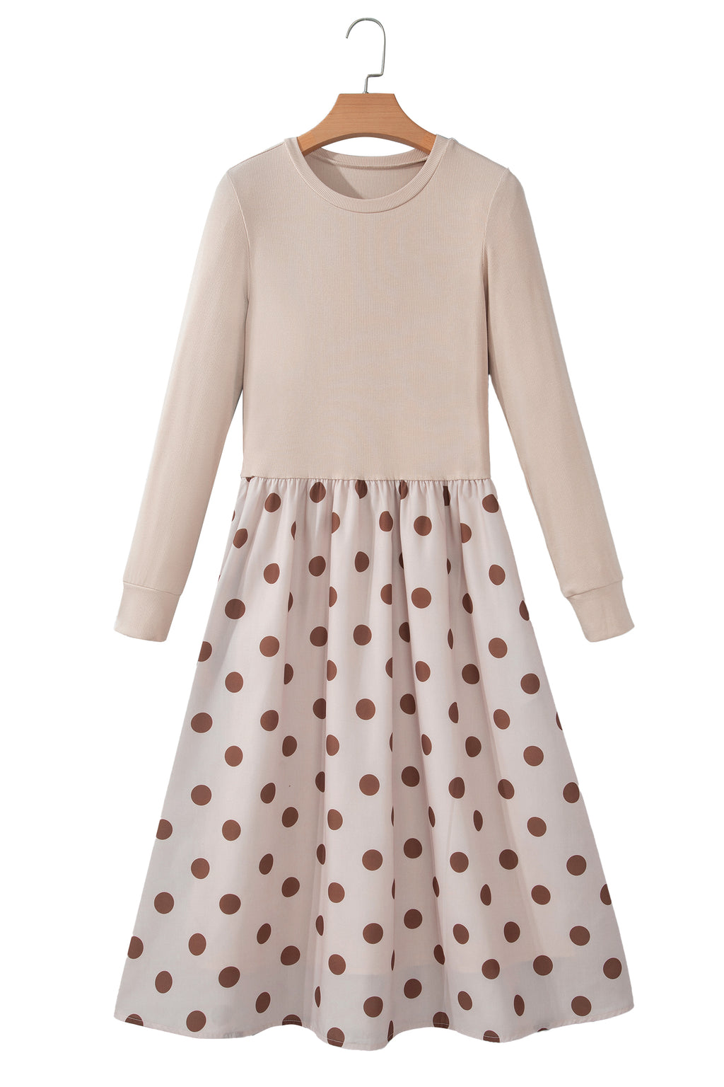 Beige Polka Dot Midi Long Sleeve Dress Online Only