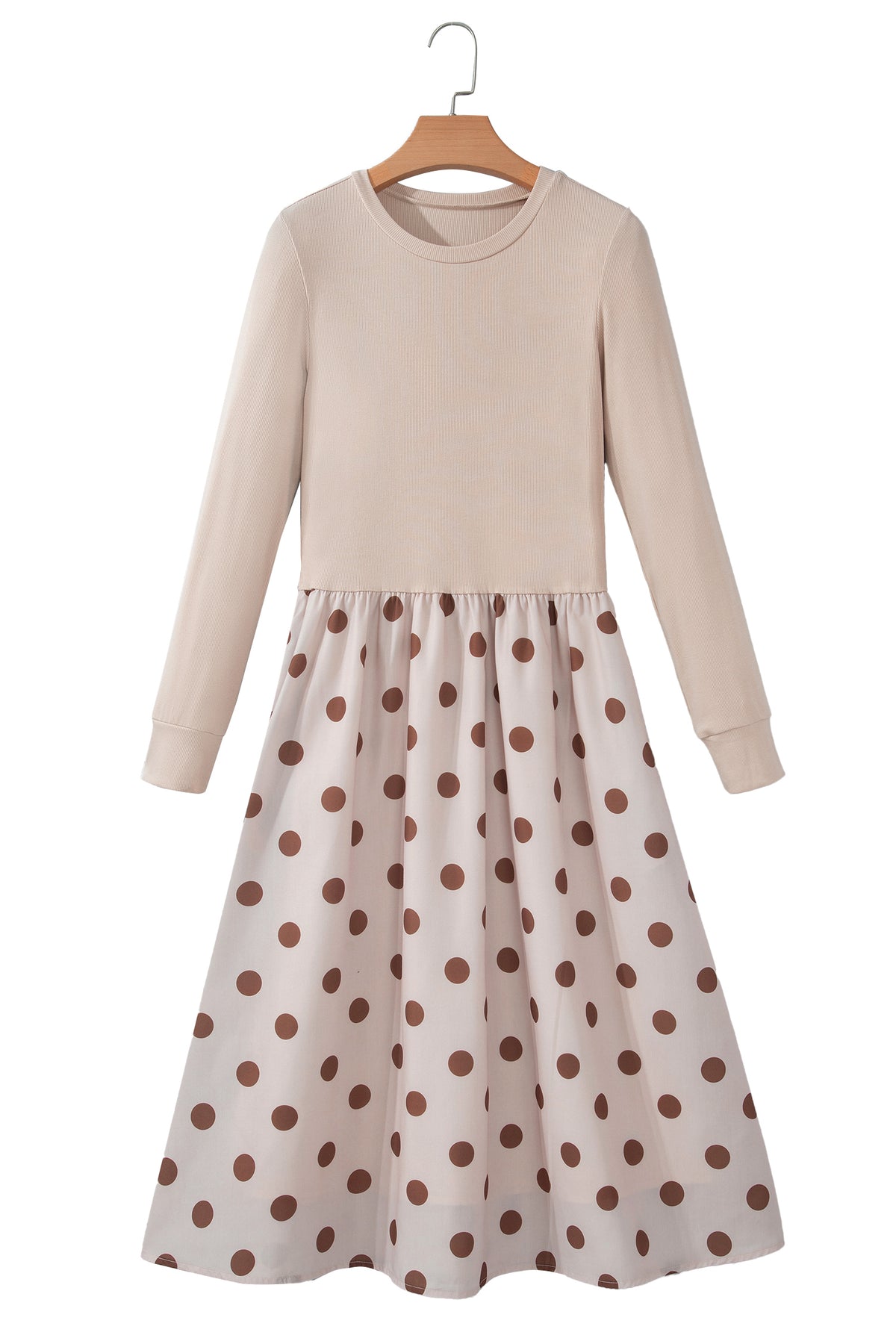 Beige Polka Dot Midi Long Sleeve Dress Online Only