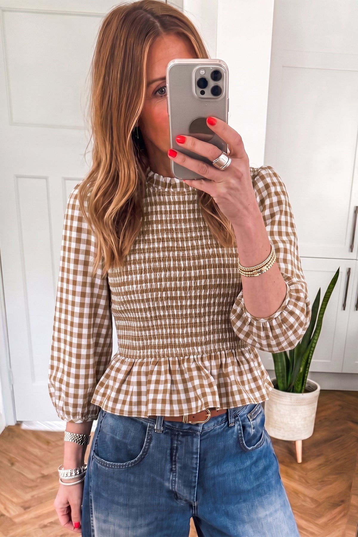 Red, Brown, & Green 3/4 Sleeve Shirred Plaid Peplum Top Online Only