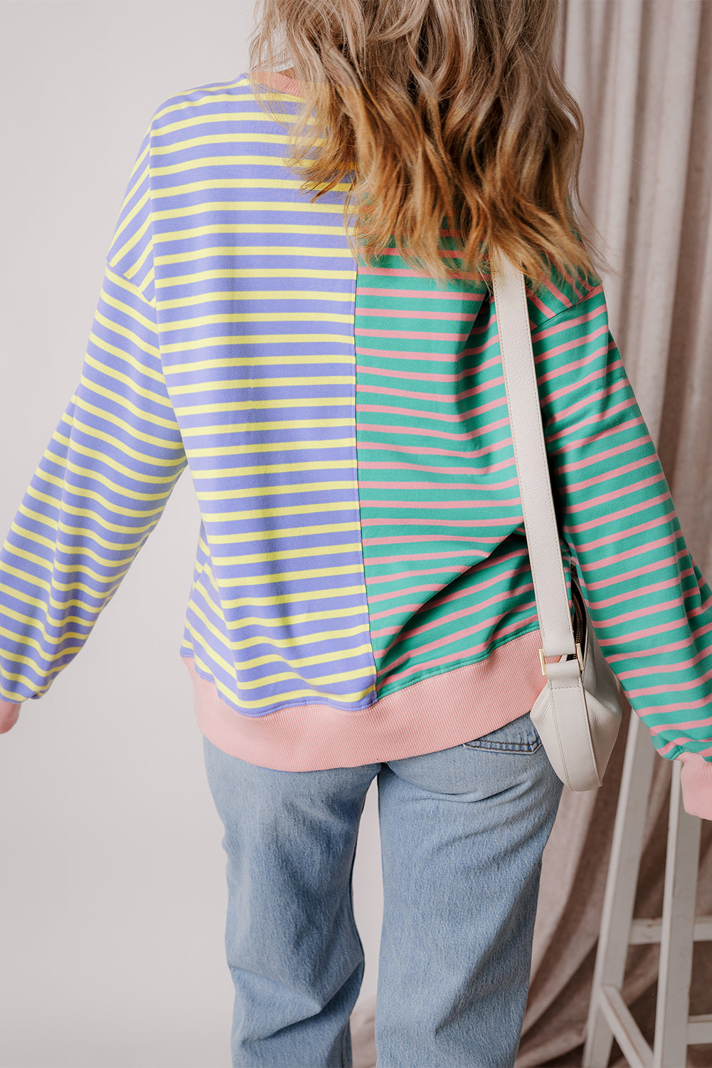 Brown Stripe Casual Stripe Colorblock Drop Shoulder Oversize Sweatshirt Online Only