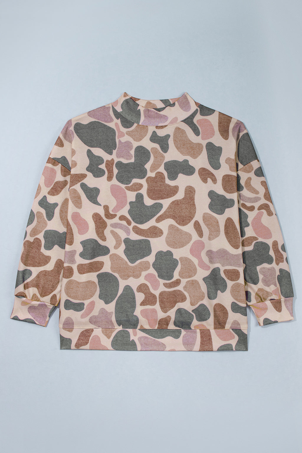 Multicolour Camo Print Ribbed Mock Neck Plus Size Sweatshirt Online Only