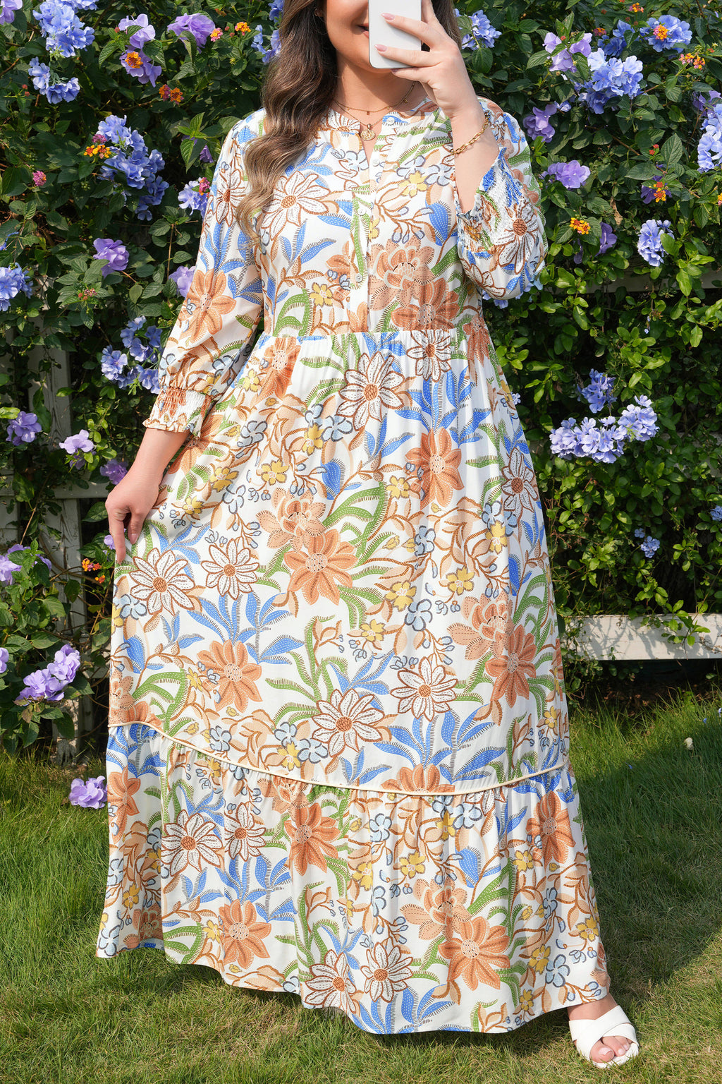 Khaki Floral Print 3/4 Sleeves Tiered Plus Size Long Dress Online Only