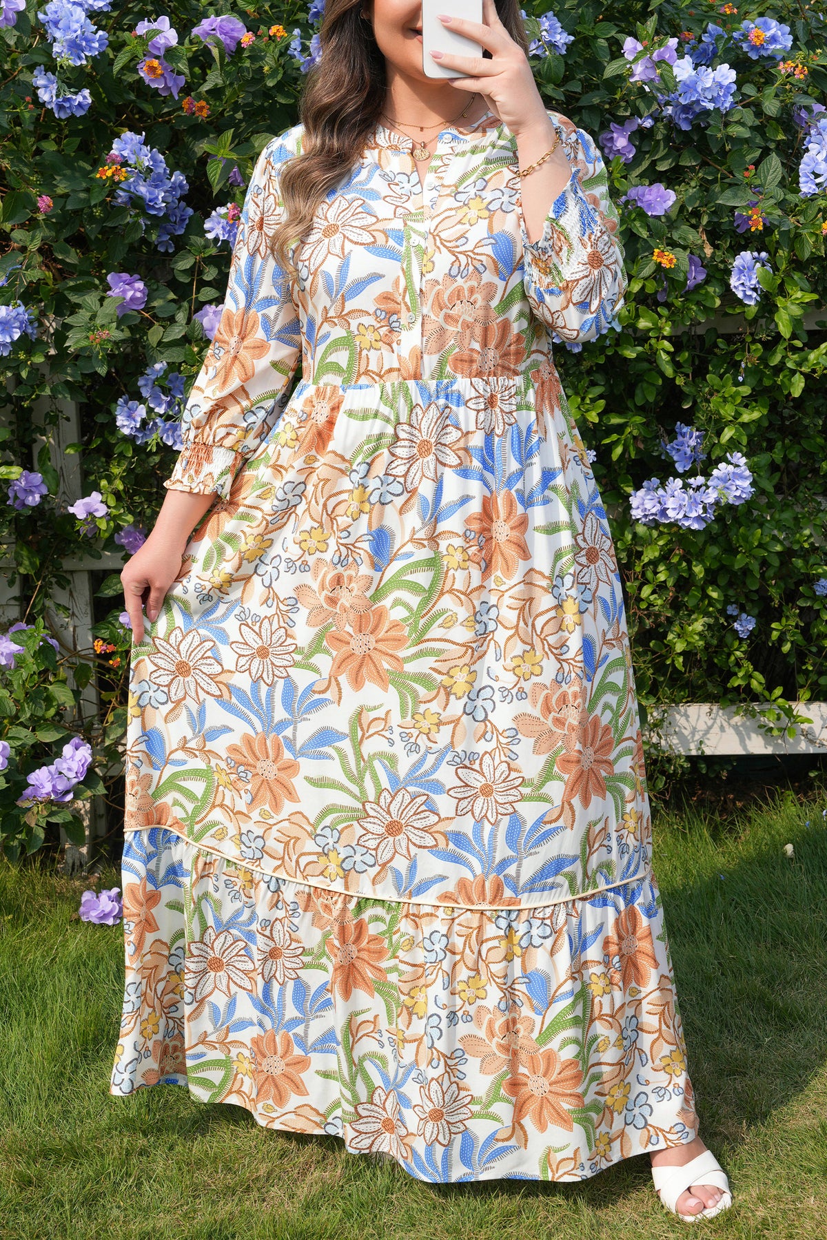 Khaki Floral Print 3/4 Sleeves Tiered Plus Size Long Dress Online Only