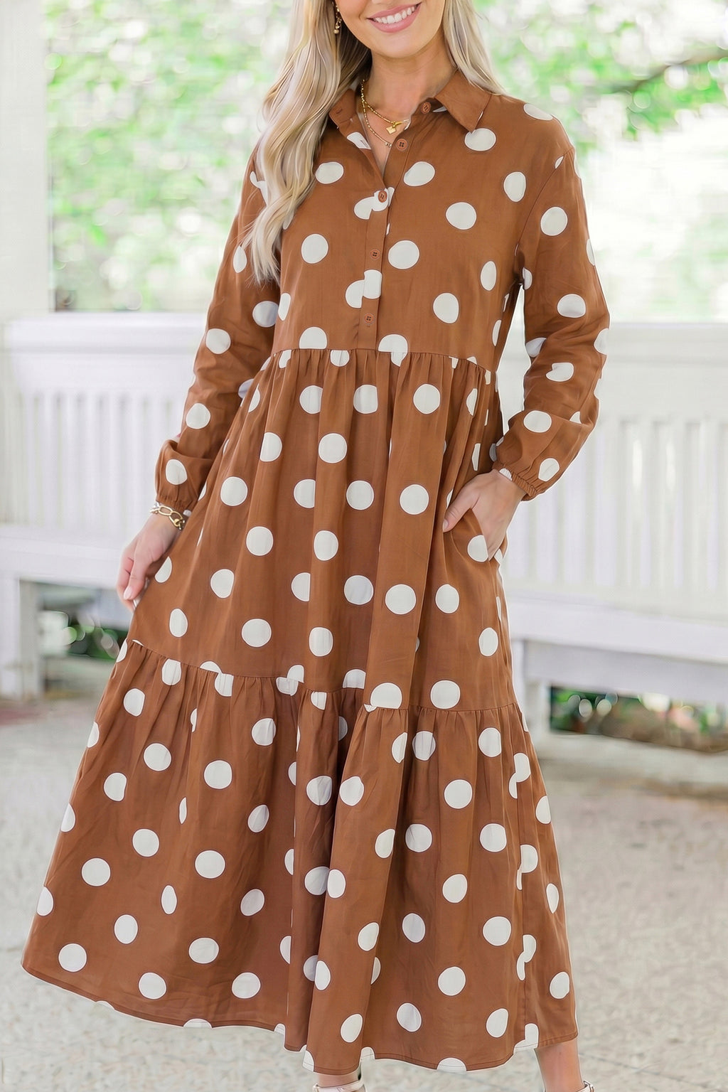 Brown Polka Dot Button Front Long Sleeve Shift Dress Online Only