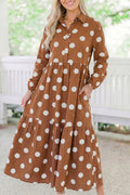 Brown Polka Dot Button Front Long Sleeve Shift Dress Online Only